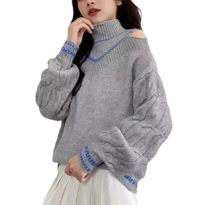 Women's Turtleneck Cold-Shoulder Wool Sweater