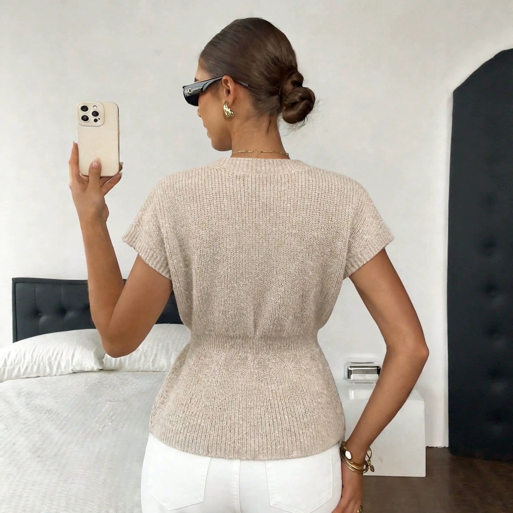 Oatmeal V-Neck Knit Vest with Metal Button Waist and Sleeveless Design