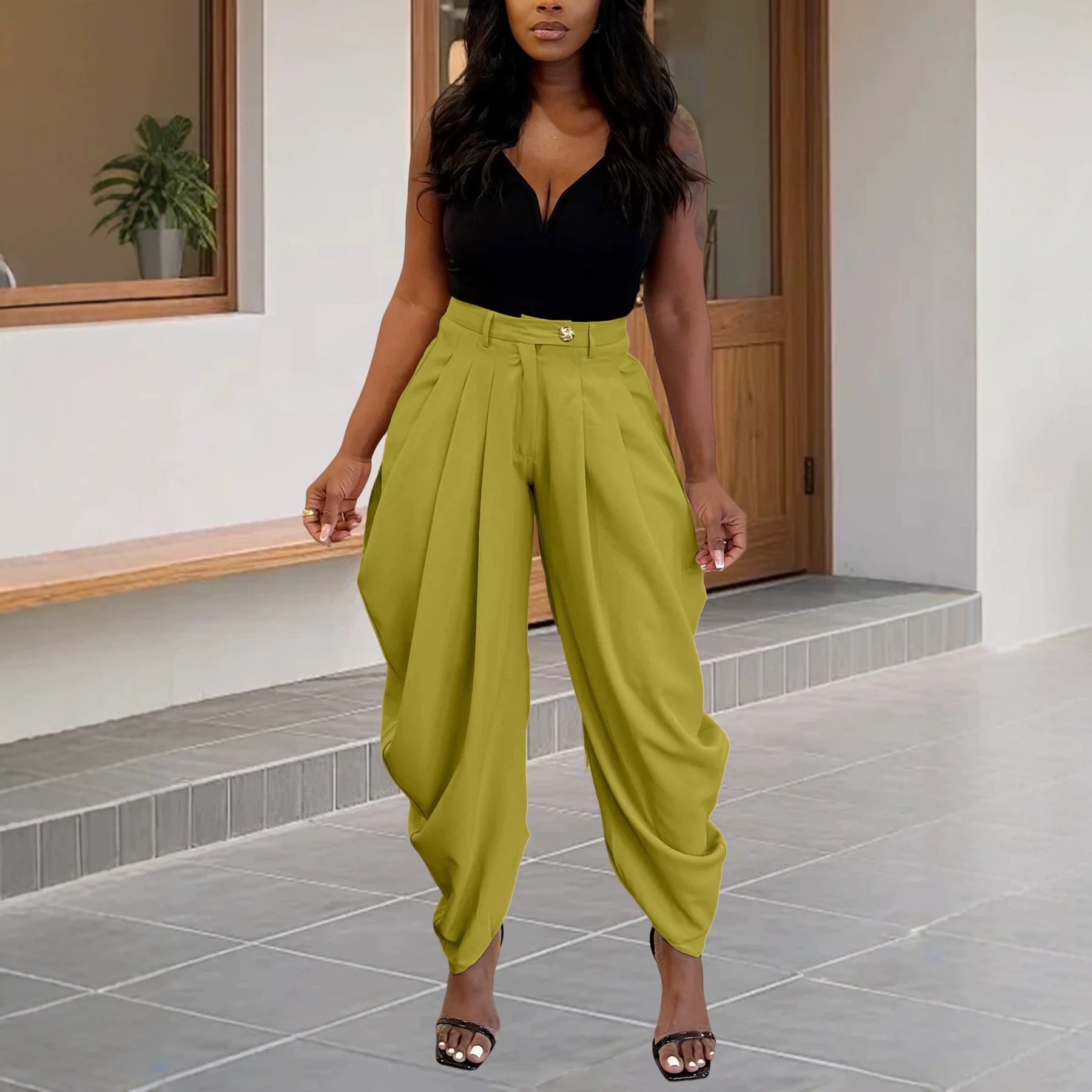 High-Waist Asymmetric Twist Pleated Harem Pants