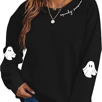 Women's Halloween Ghost Pumpkin Bat Print Crewneck Sweatshirt