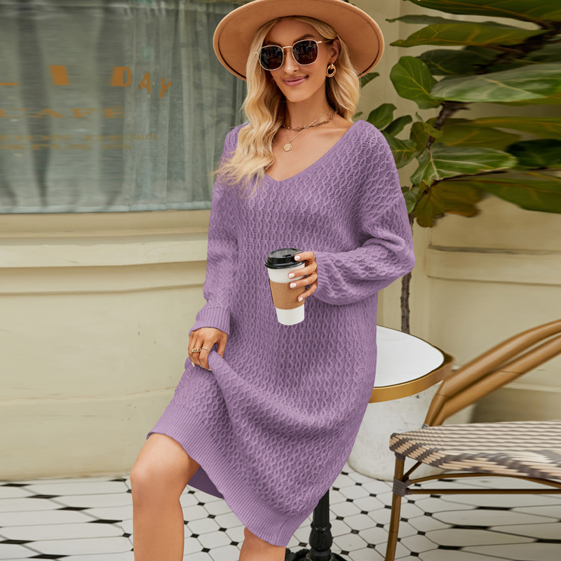 Women's Loose Solid Cable Knit Sweater Dress V-Neck Long Sleeve