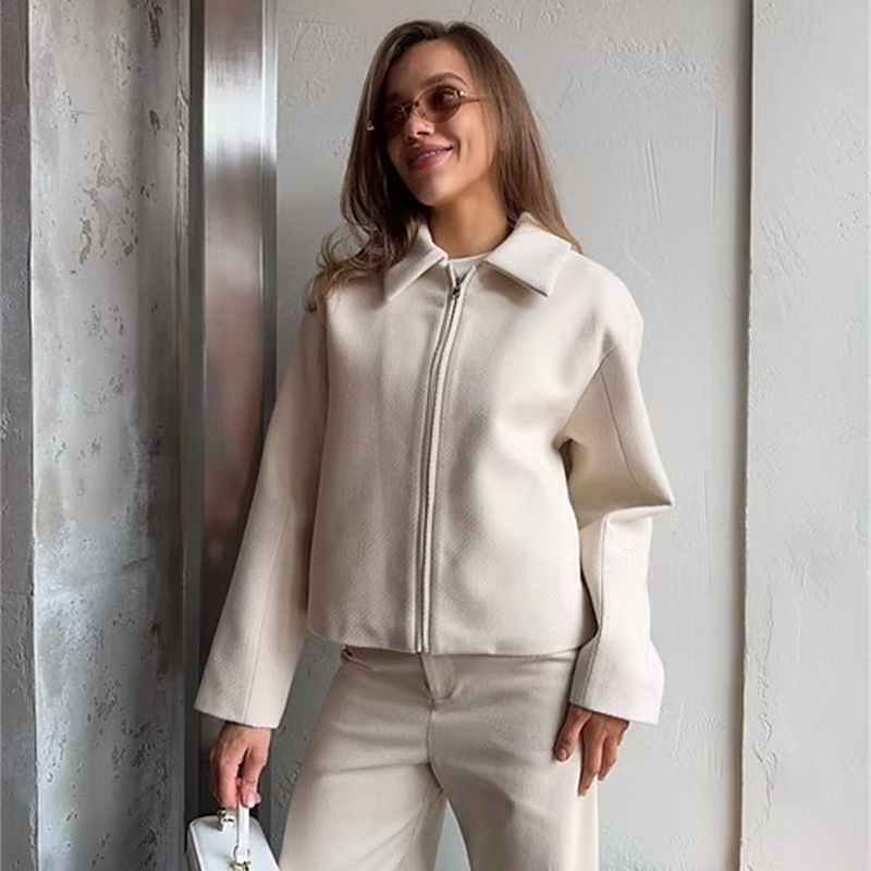 Women's Wool-Blend Zip Jacket with Lapel Collar Long Sleeve Loose Casual