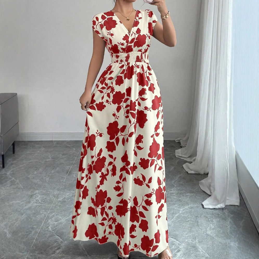 Floral Print V-Neck Tie-Waist Short Sleeve Midi Dress