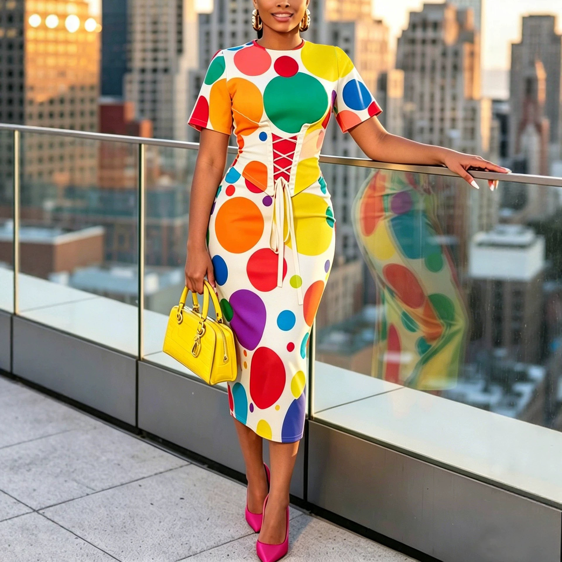 Elegant Polka Dot Print Round Neck Waist-Defined Midi Dress