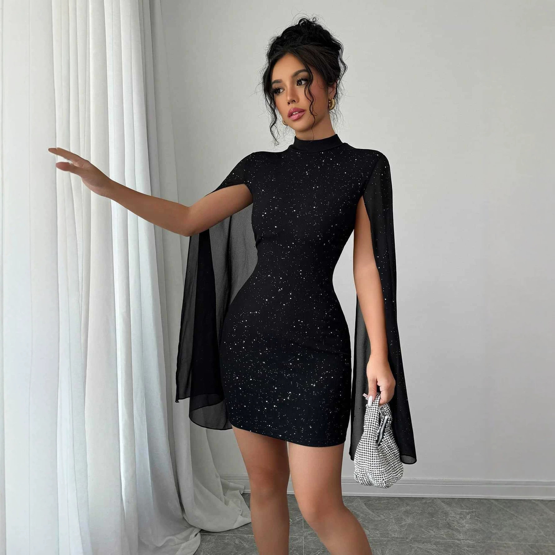 Shiny Print High Neck Lantern Sleeve Bodycon Party Dress