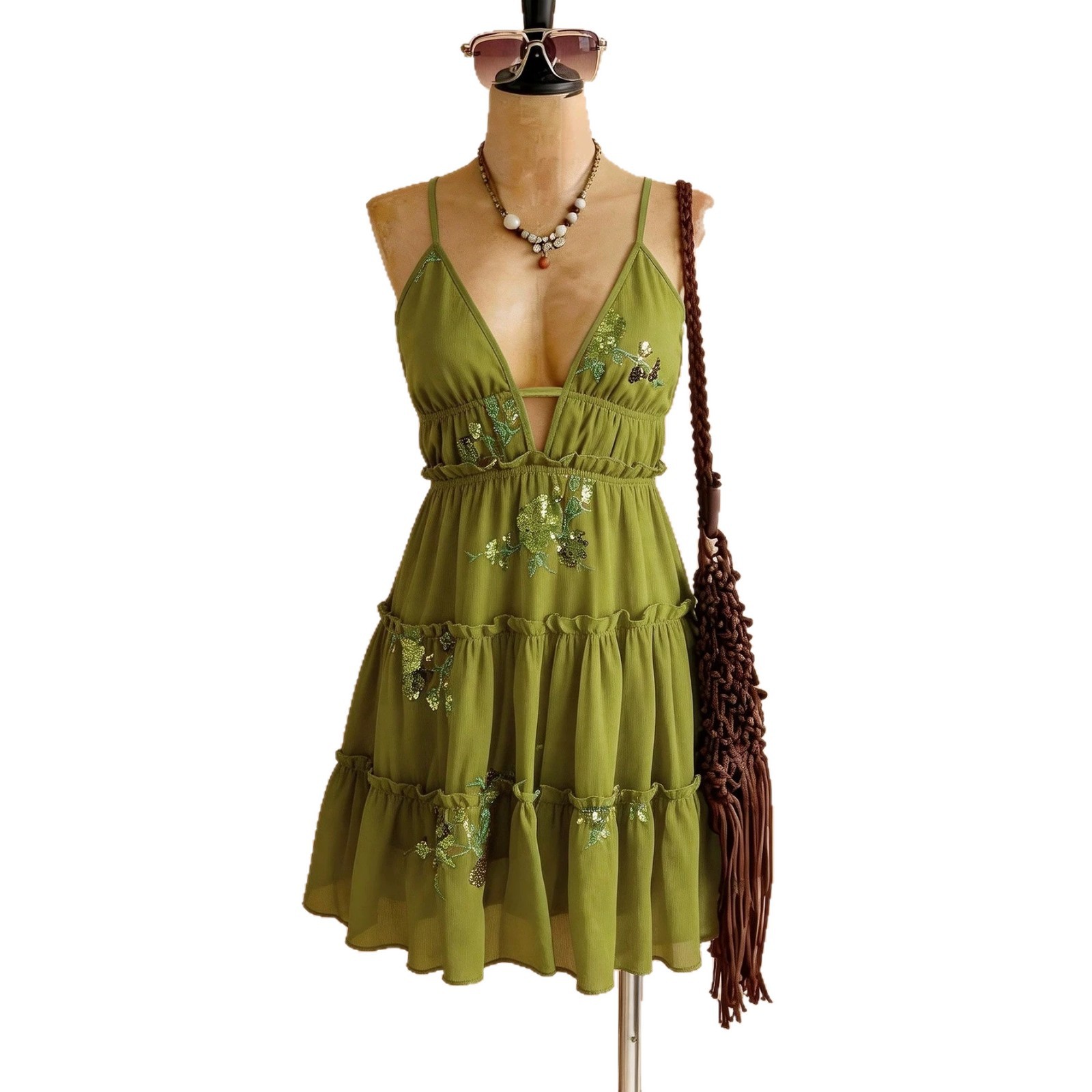 Avocado Green Sequin Embroidered Deep V Tiered Dress Back Cross Vacation Dress