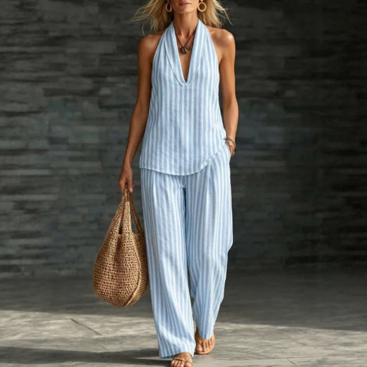 Women's Cotton-Linen Striped Wide-Leg Pants and Halter Top Set