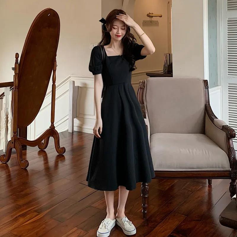 Women's Square Neck A-Line Midi Dress with Short Sleeves and Cinched Waist