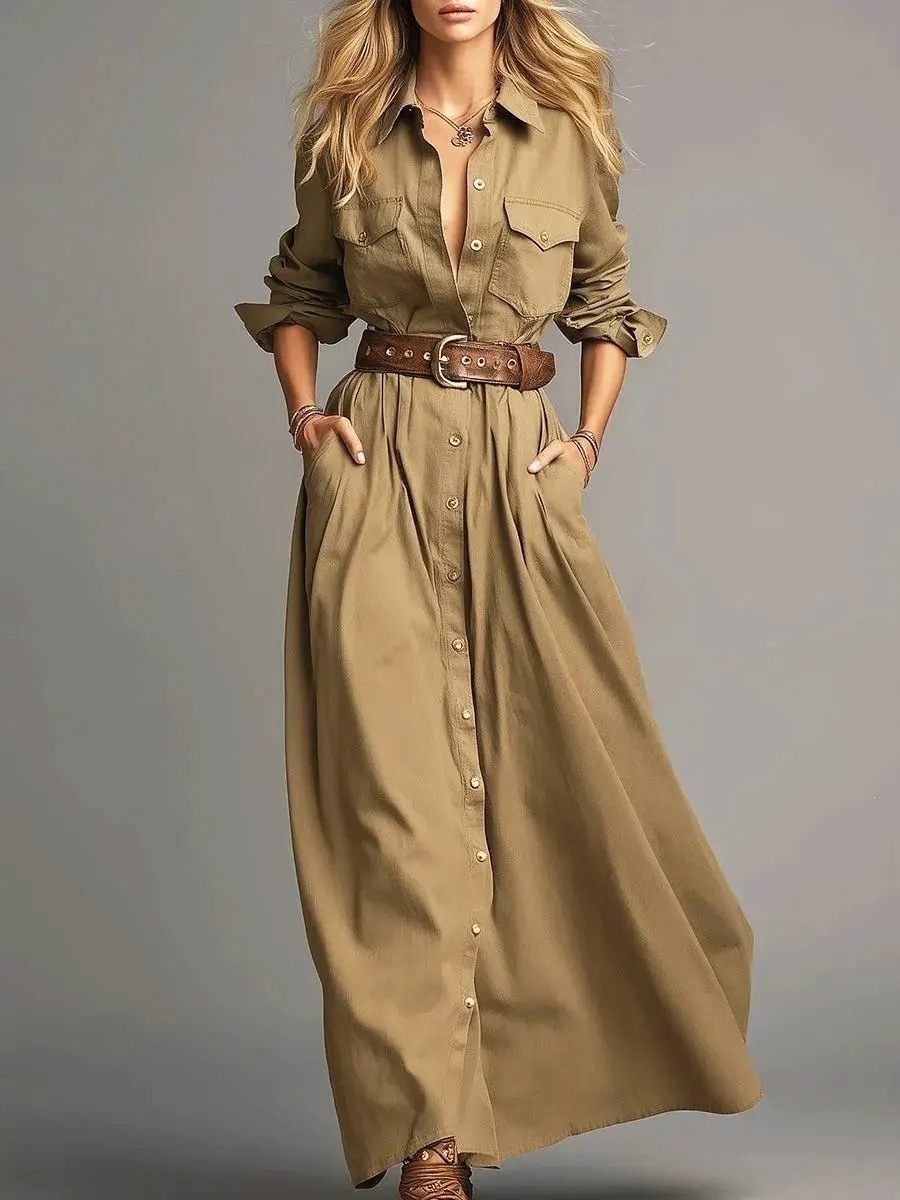 Women's Solid Color Long Sleeve Button-Front Shirt Dress