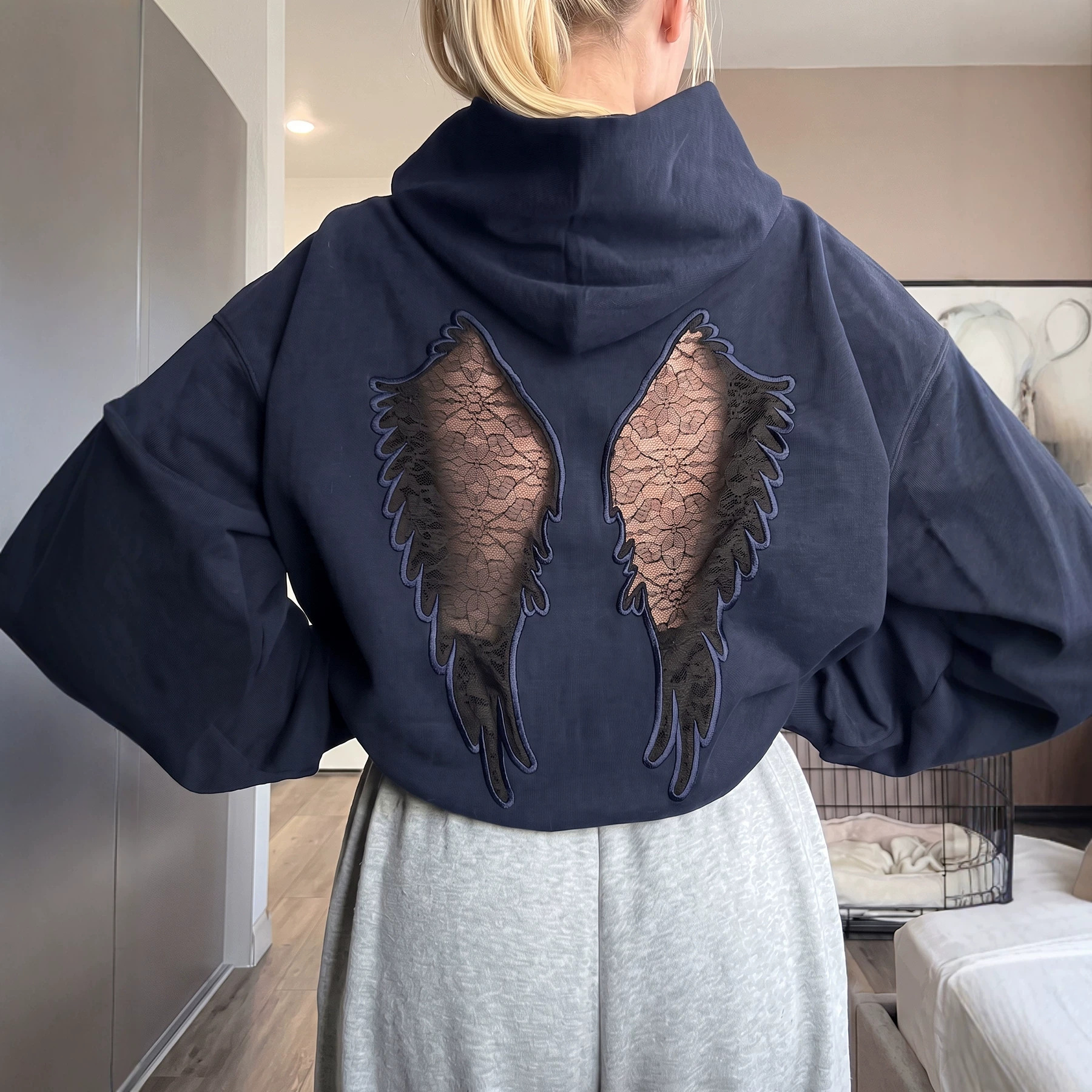 Women's Casual Hooded Cutout Embroidered Wing Long-Sleeve Sweatshirt