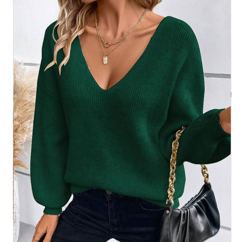 V-Neck Bow Knit Sweater Women's Long Sleeve Loose Fit