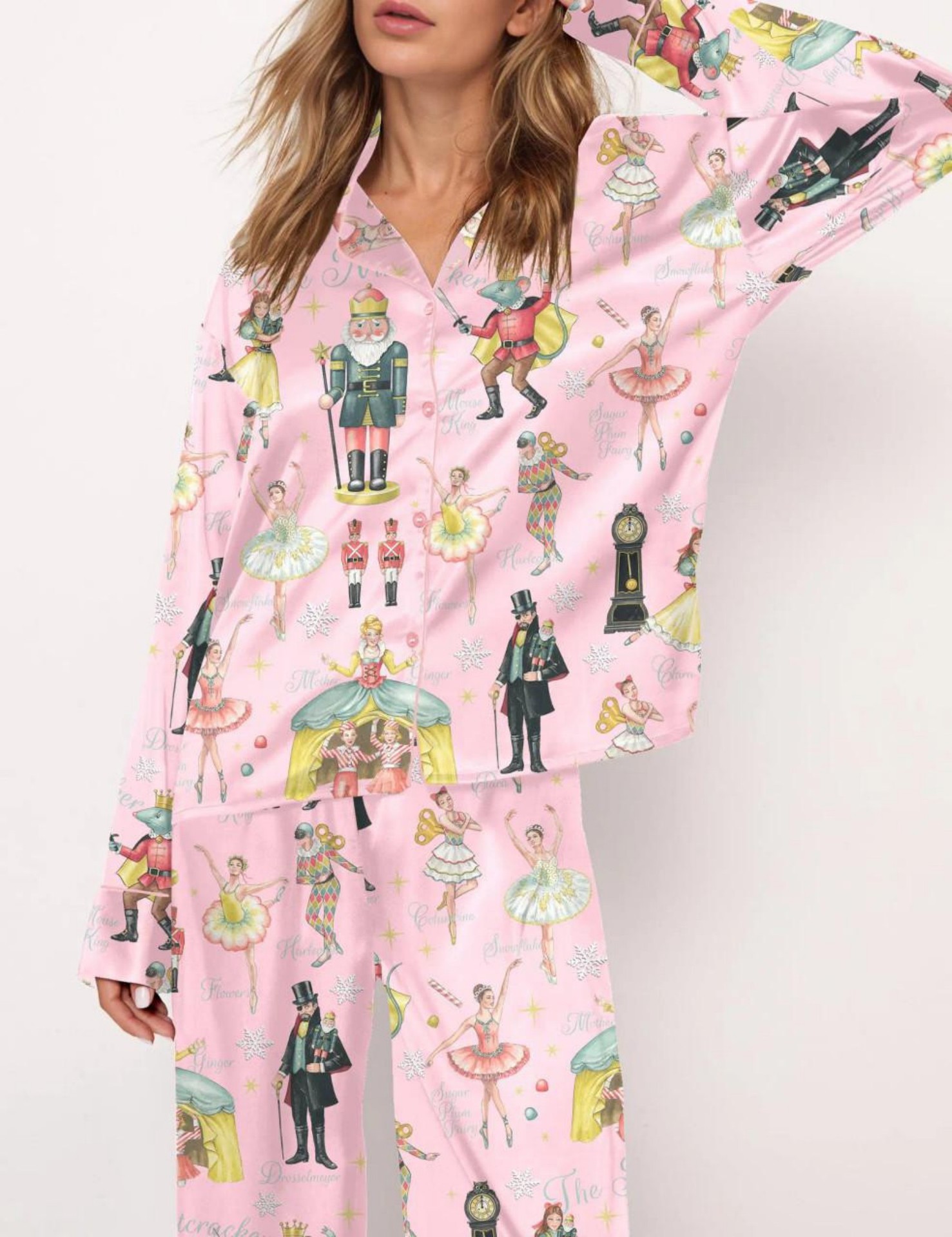 Christmas Tree Print Cuban Collar Long Sleeve Women's Set