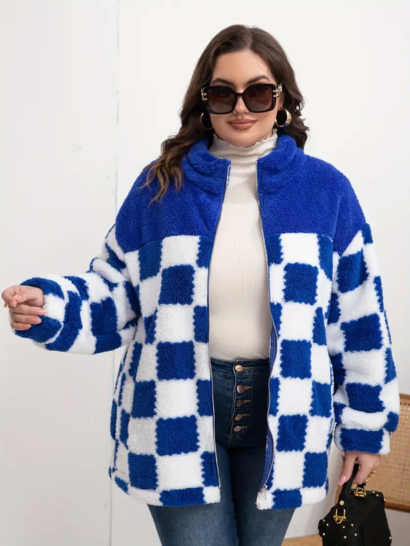 Double-Sided Fleece Plaid Zip Jacket Unisex Warm Casual