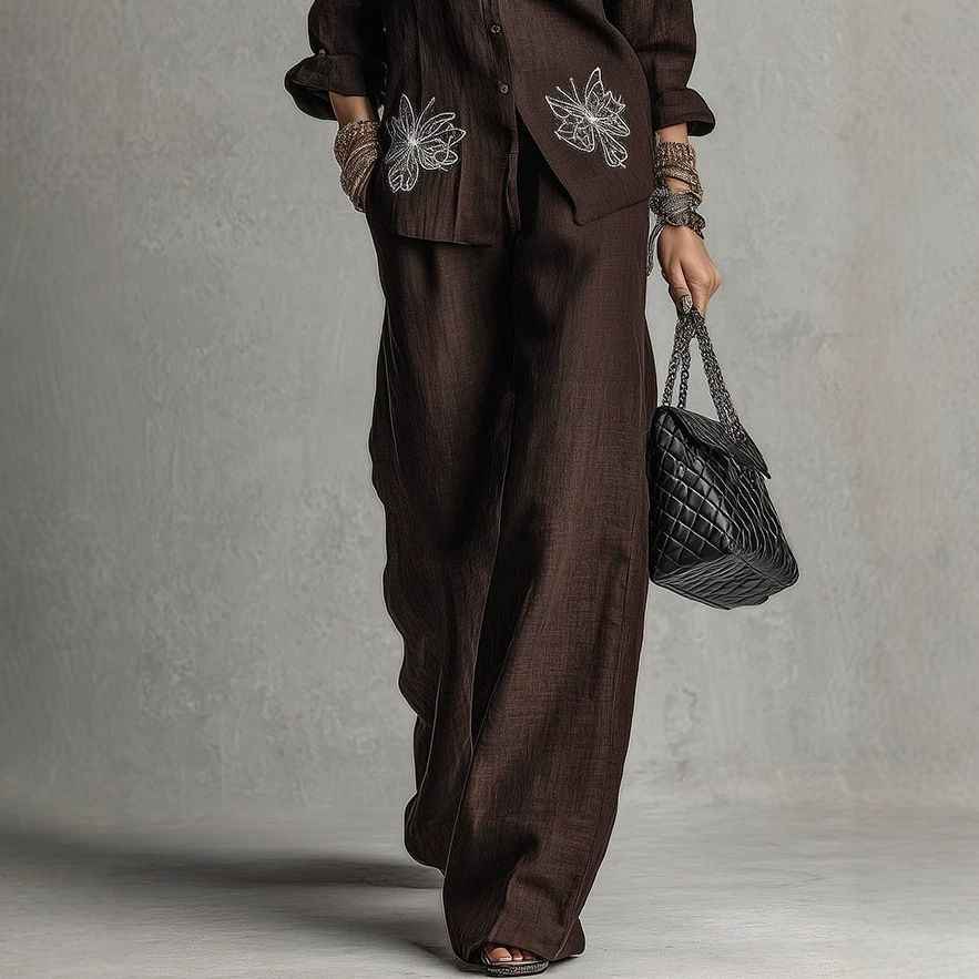 Butterfly Print Shirt & Wide-Leg Pants Two-Piece Set