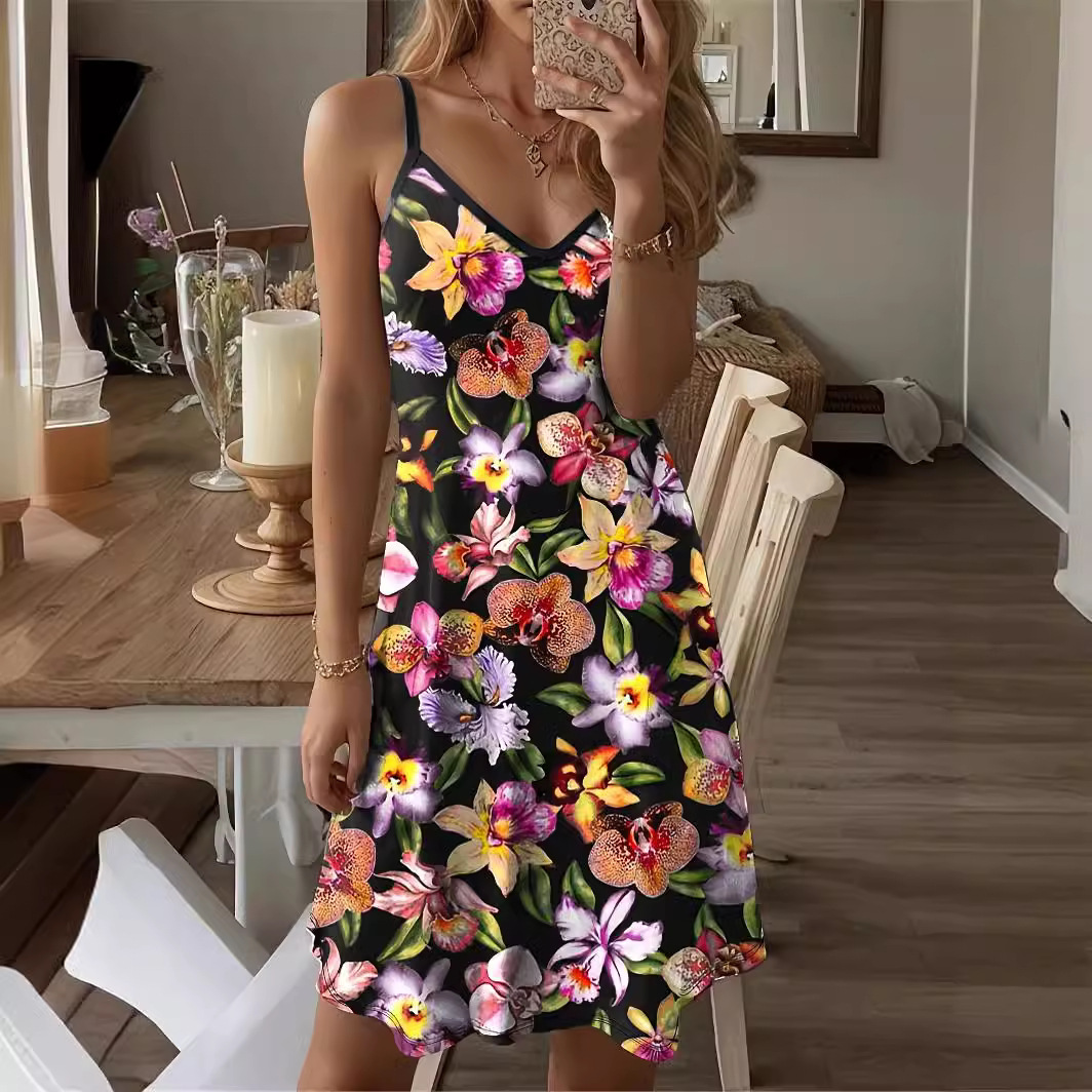 Floral Print Sleeveless Midi Dress with Round Neck
