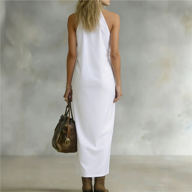 Elegant Slit Long Shirt Dress with Halter Collar