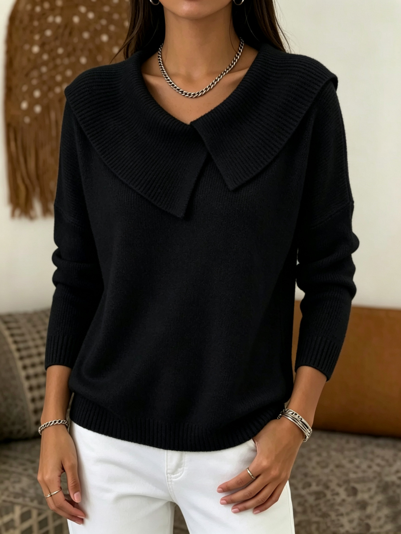 Korean Retro Doll Collar Knit Sweater Slimming Pullover