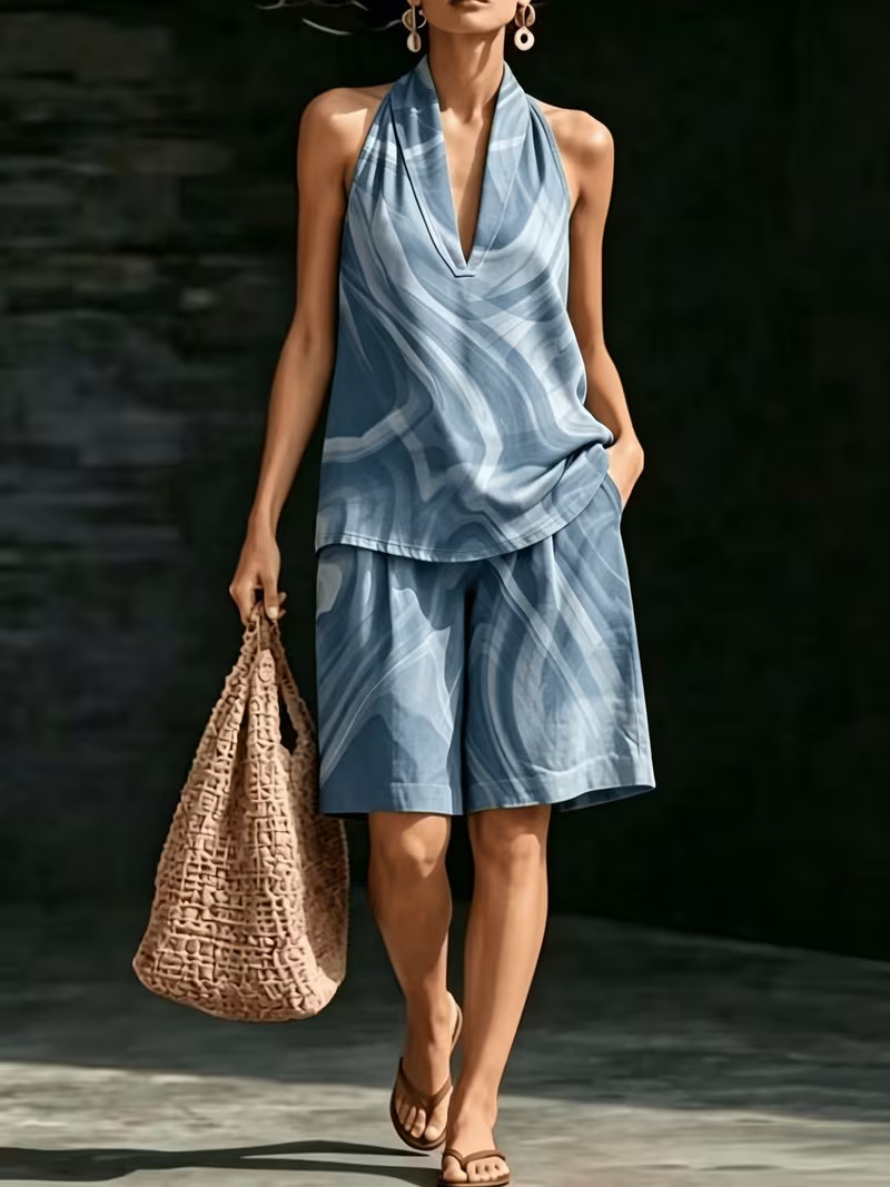 Retro Floral Print Sleeveless Halter Vest Set for Women