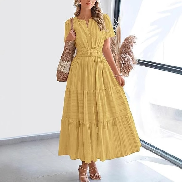 Women's V-Neck Ruffle Bubble Sleeve Layered Maxi Dress