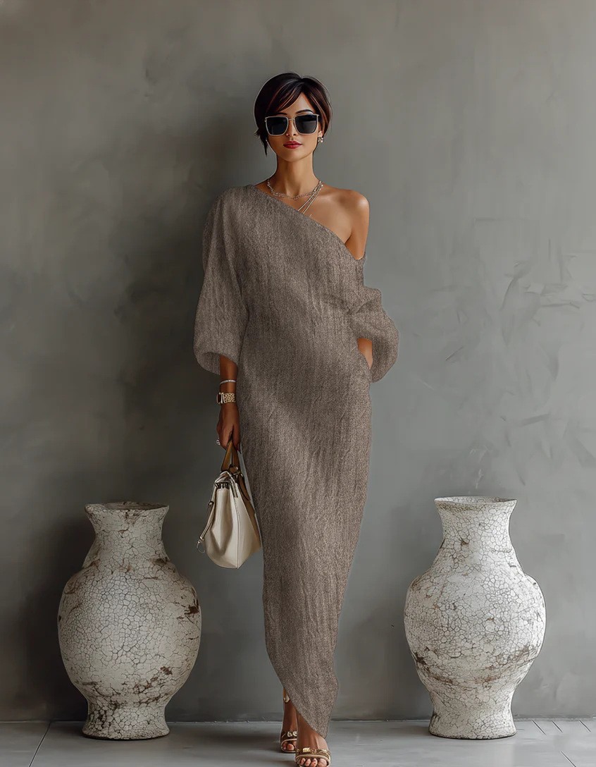 Women's Long Sleeve Off-Shoulder Midi Dress Solid Color Slim Fit
