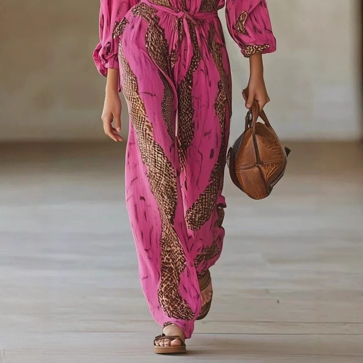 V-Neck Long Sleeve Digital Print Casual Jumpsuit