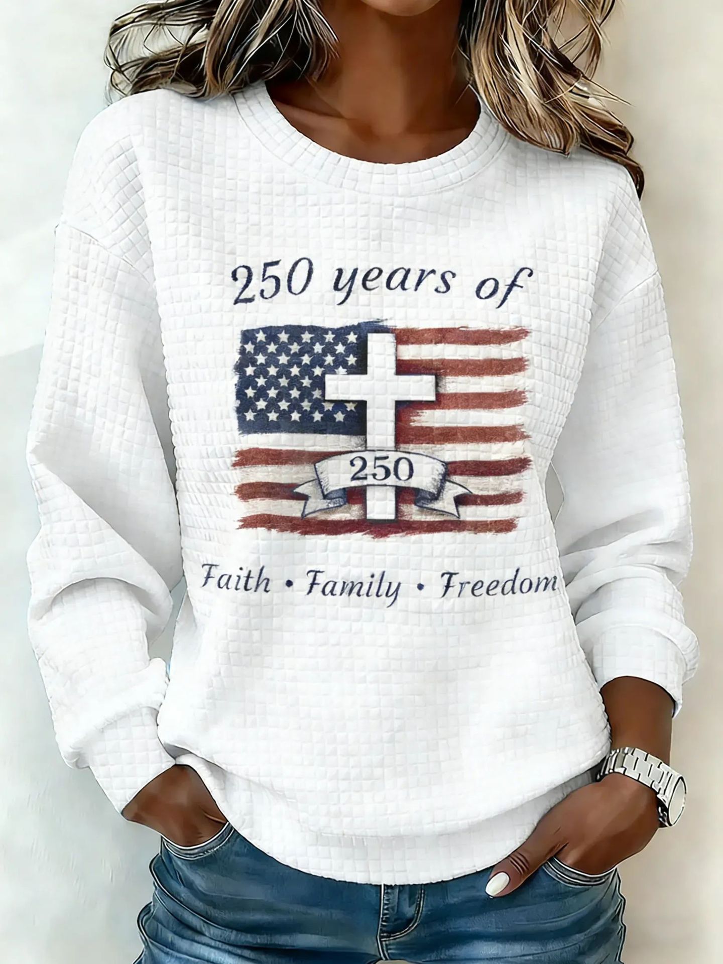 Cross Print Waffle Knit Women's Sweatshirt