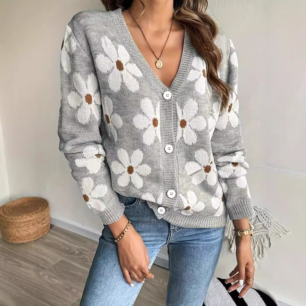 Women's Floral Knit Cardigan V-Neck Jacquard Sweater Coat