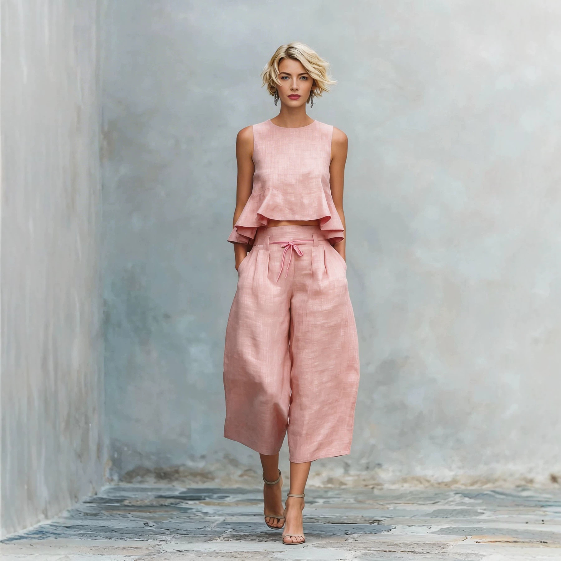 Women's Sleeveless Linen Two-Piece Set with Ruffle Detail