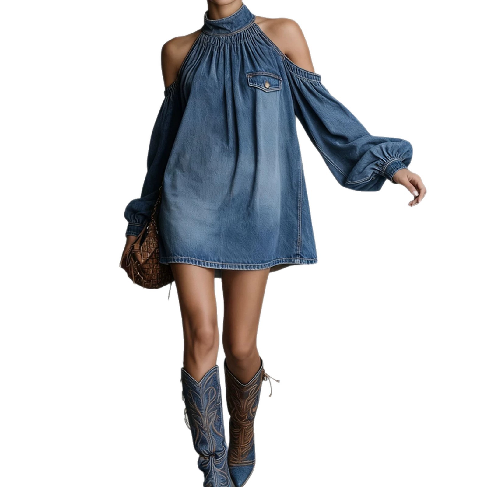 Faux Suede Halter Mini Dress with Lantern Sleeves and Cold-Shoulder