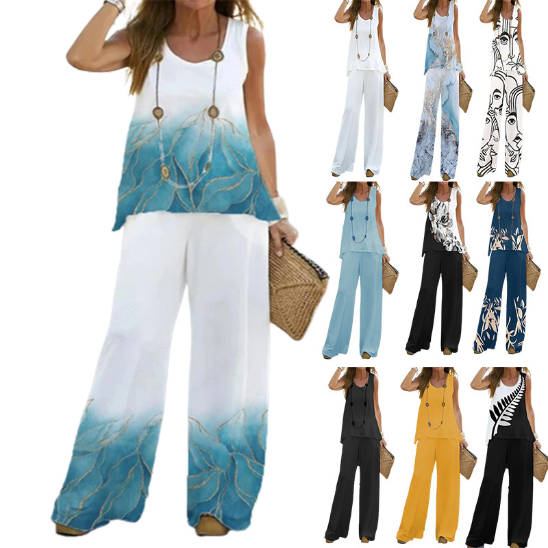 Women's Printed Sleeveless Top and High-Waist Elastic Pants Two-Piece Set