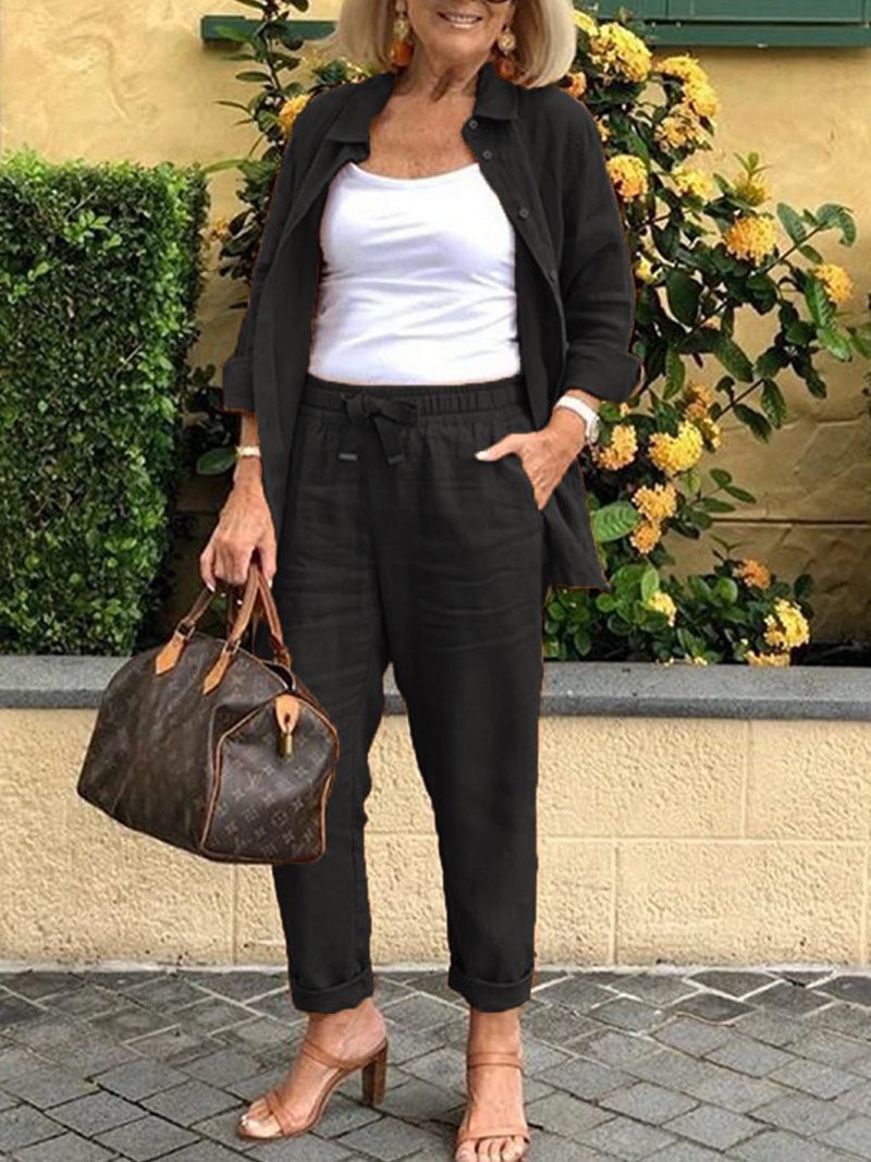 Cotton-Linen Collared Blazer & Loose Pants Casual Set
