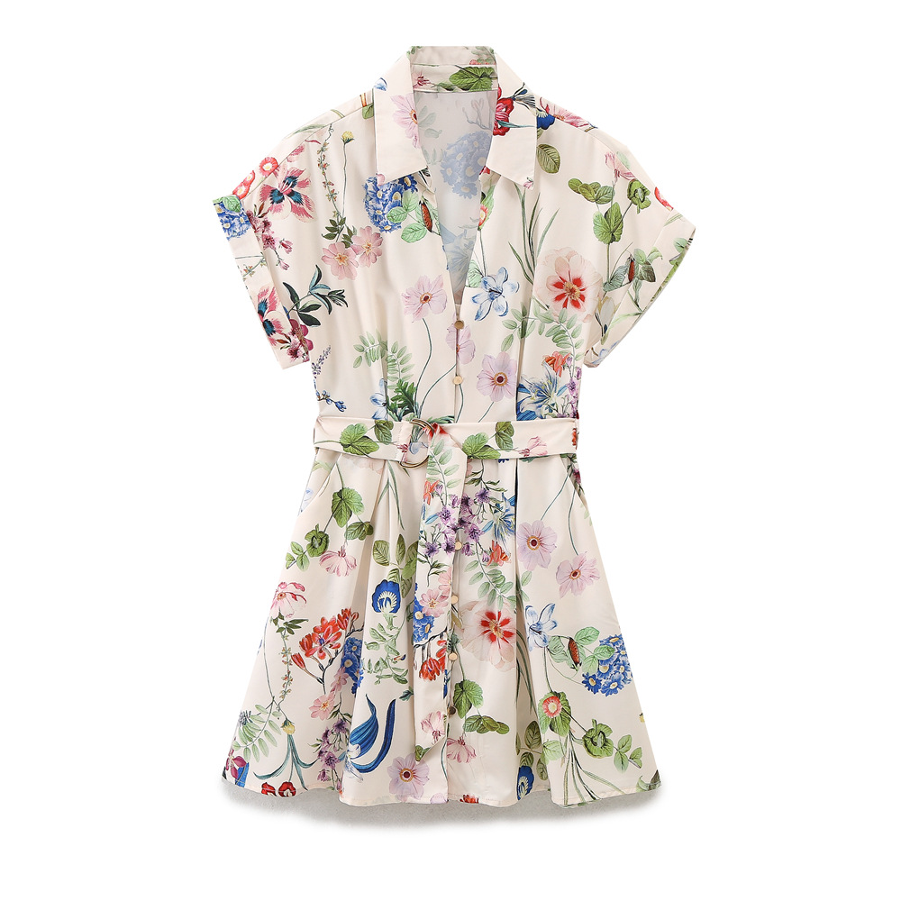 Silk-Feel Belted Short Dress with U-Neck and 3D Print