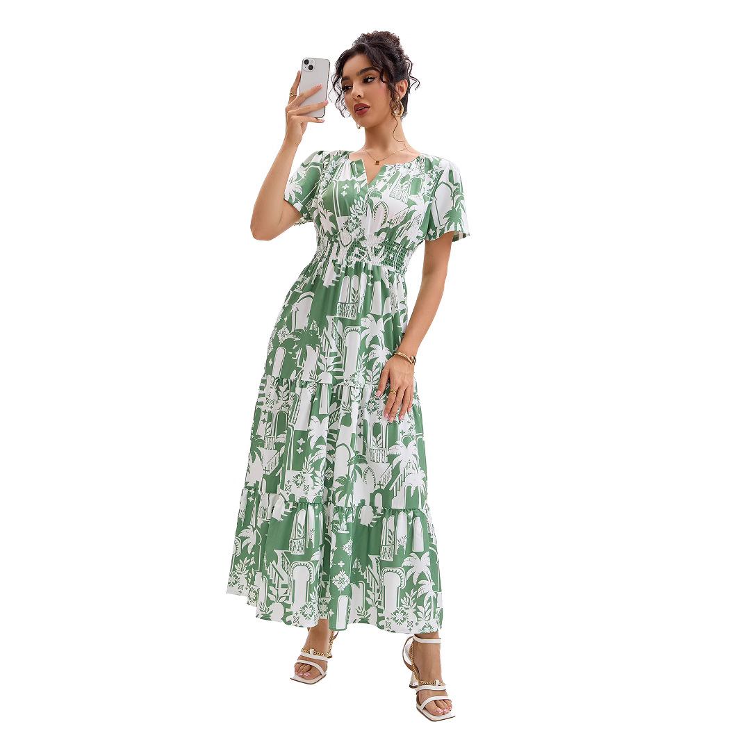 Floral Geometric Print V-Neck Bubble Sleeve Cinched Waist Layered Dress