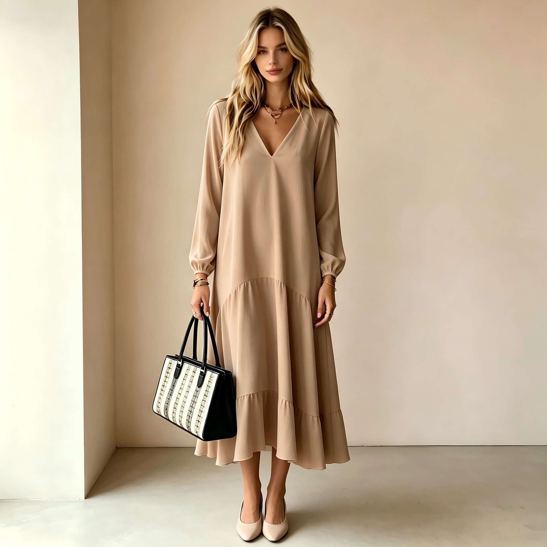V-Neck Long Sleeve Loose Long Dress