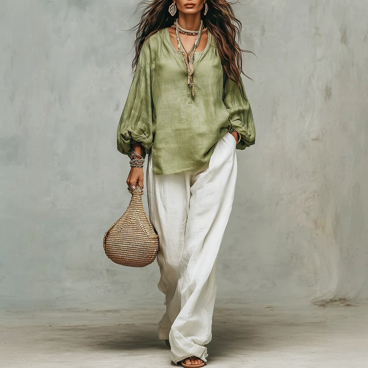 Women's Casual Wide-Leg Two-Piece Set with Long Sleeve Top and Irregular Long Skirt, Loose Fit, Green