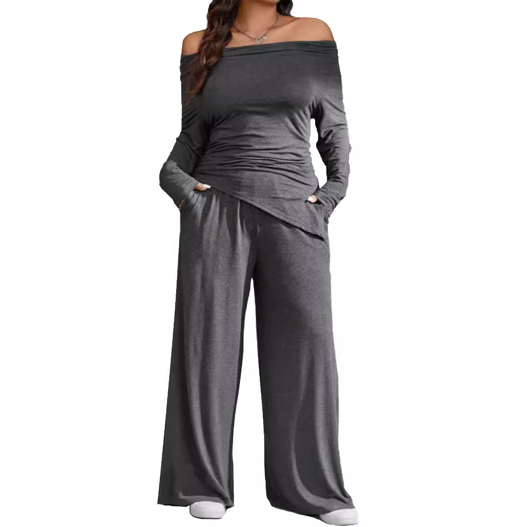 Off-Shoulder Ruched Top & Wide-Leg Pants Set Dark Gray