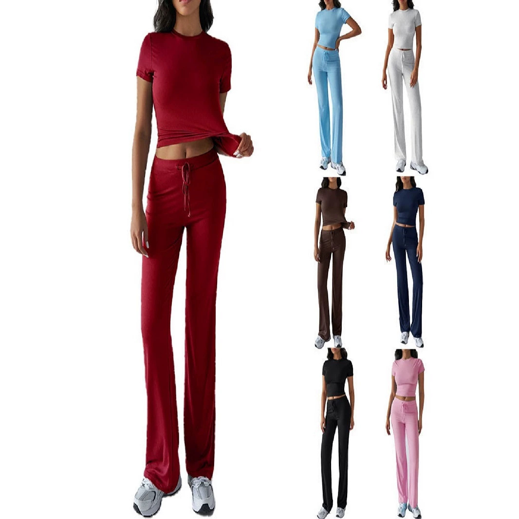 Women's Casual Solid Color Round Neck Short Sleeve Top and Long Pants Set