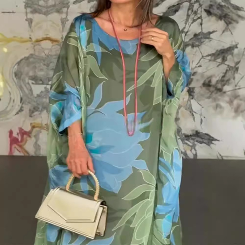 Floral Print Round Neck Long Sleeve A-Line Dress