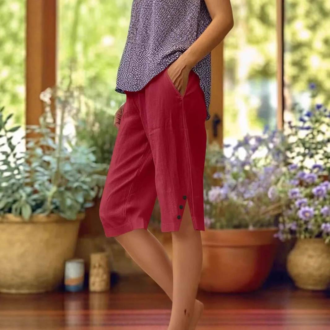 Women's Casual Loose Cotton-Linen Elastic Waist Pocket Shorts