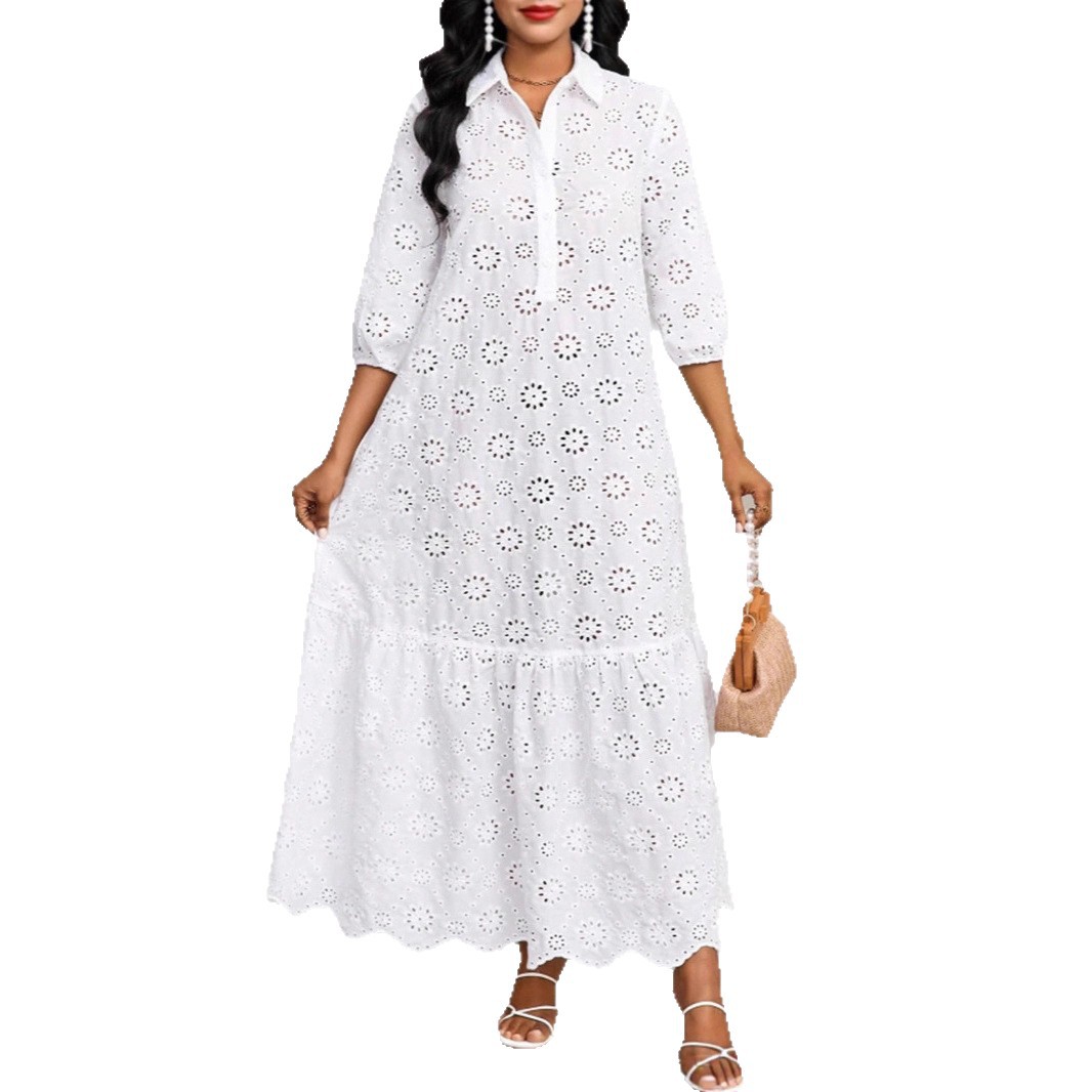 Women's Solid Color 3/4 Sleeve Loose Shirt Collar Hollow Out Lace A-Line Midi Dress