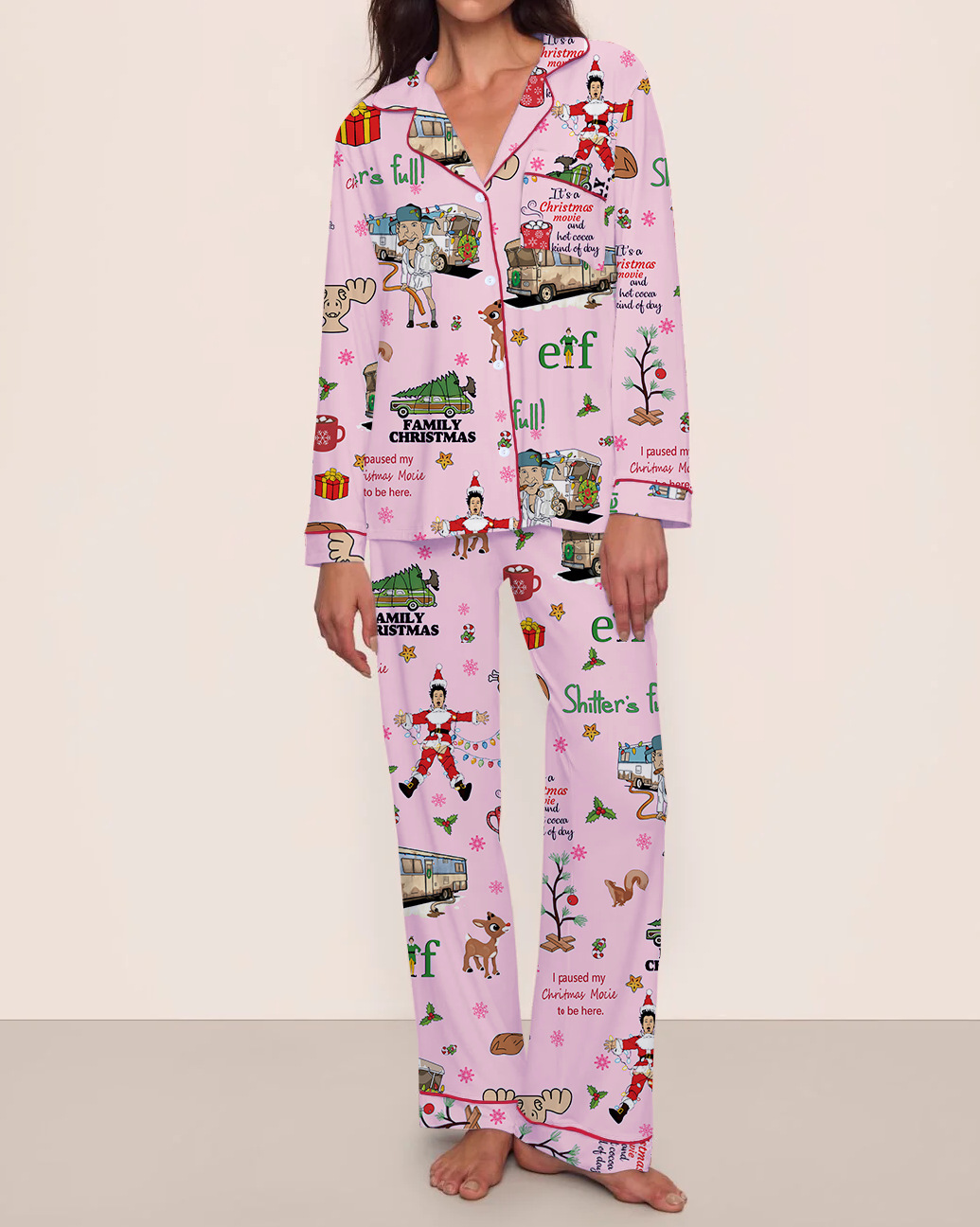Women's Cuban Collar Tree Ribbon Bus Print Long Sleeve Shirt Set