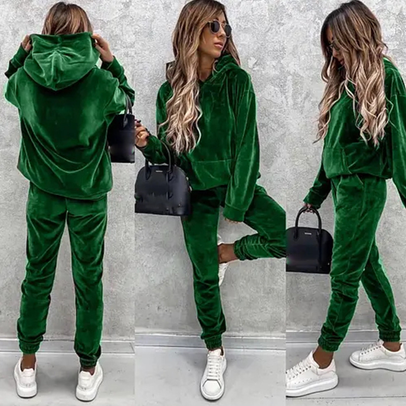 Women's Solid Color Hoodie and Pants Two-Piece Set