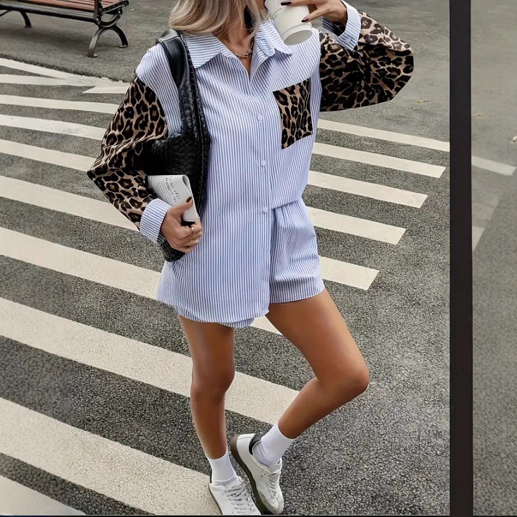 Women's Striped Patchwork Shirt and Shorts Two-Piece Set
