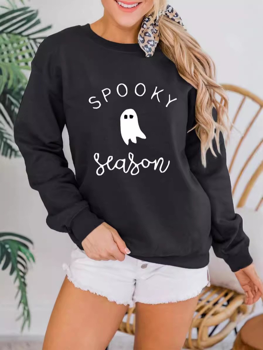Halloween Letter Print Towel Embroidered Crewneck Long Sleeve Ribbed Sweatshirt