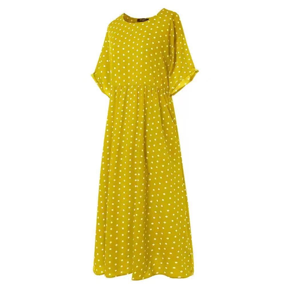 Polka Dot A-Line Midi Dress Plus Size Short Sleeve Round Neck