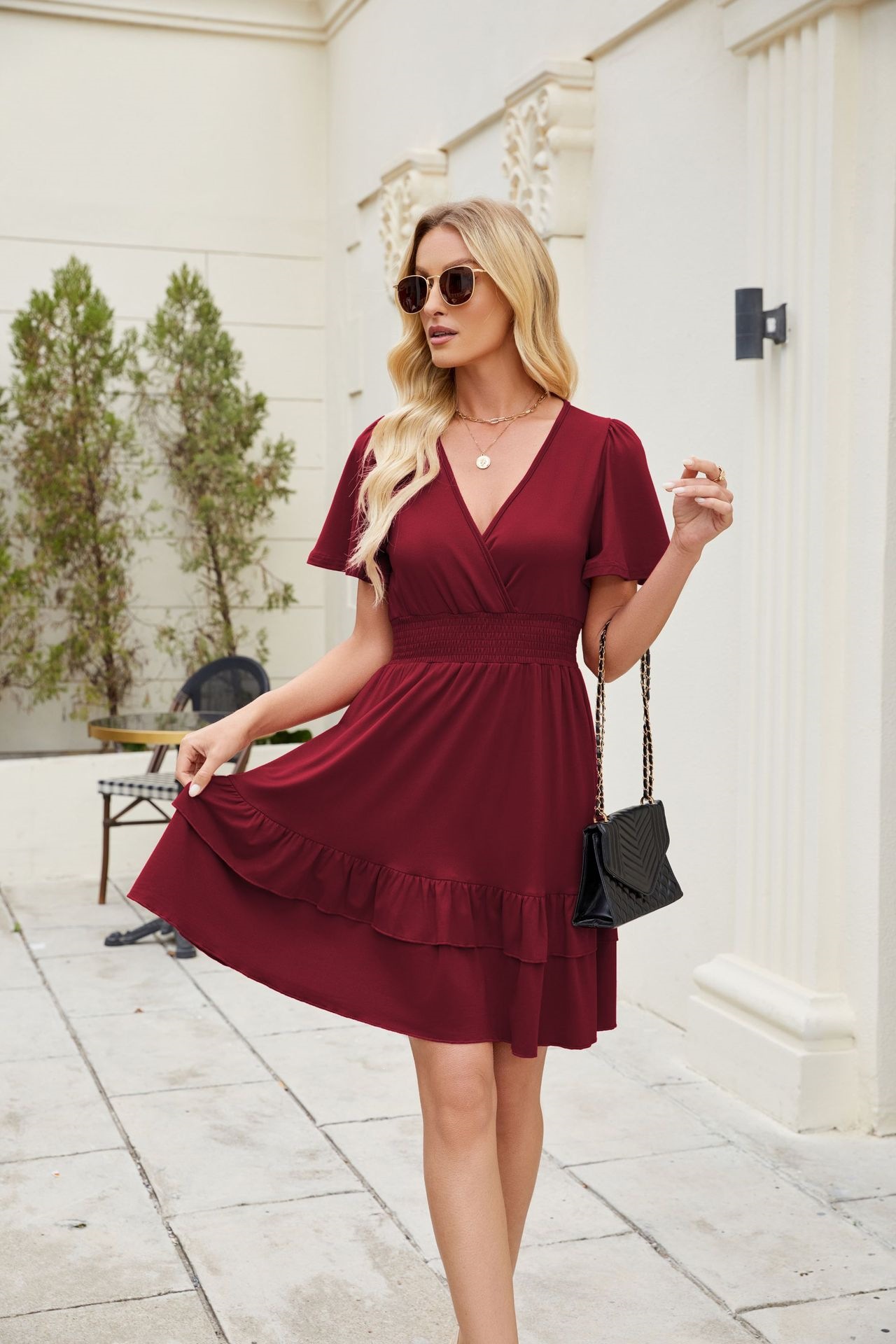 Women's Ruffled Hem Flutter Sleeve Cross V-Neck Dress