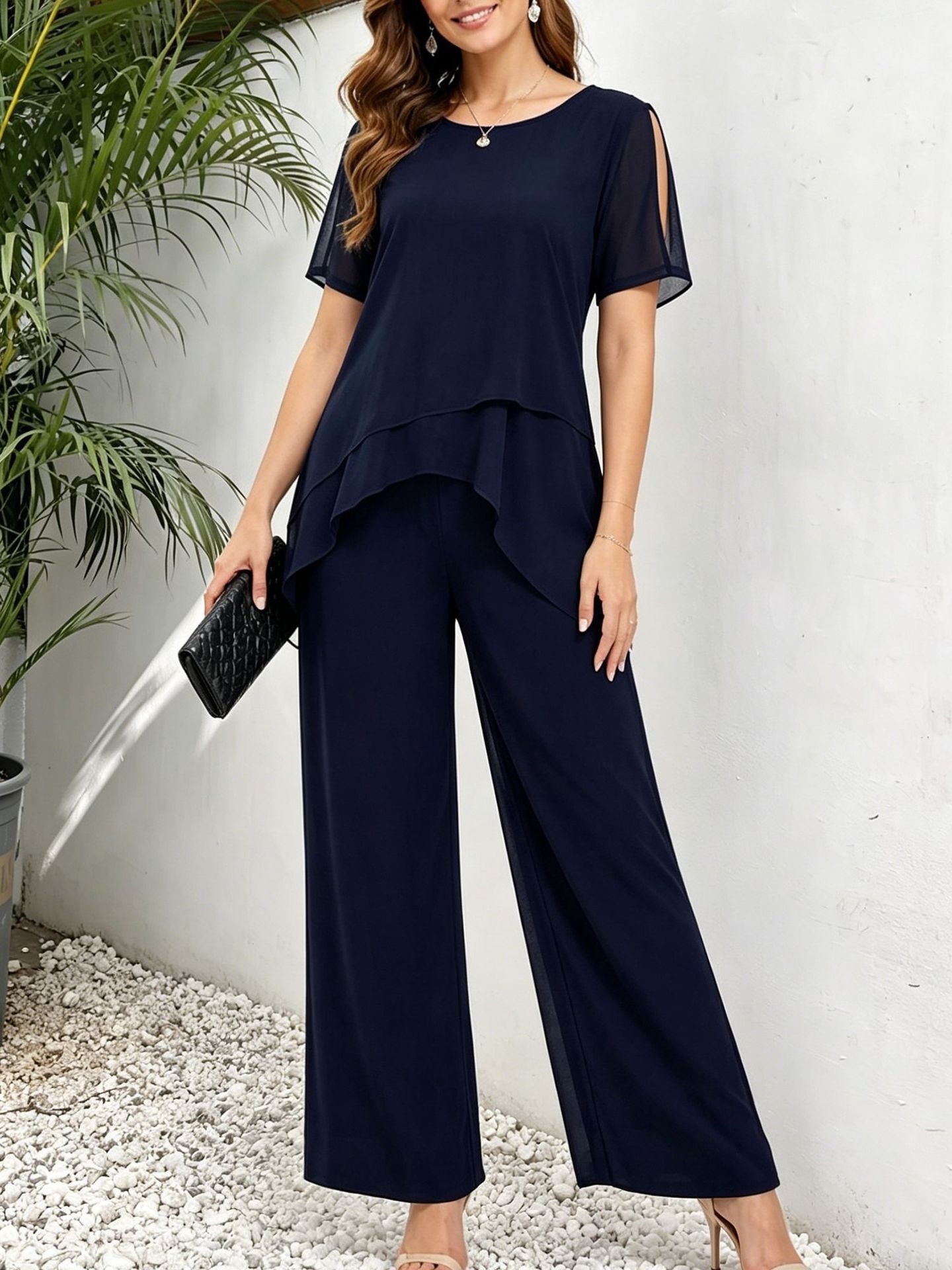 Women's Chiffon Asymmetric Top & Wide-Leg Pants Two-Piece Set