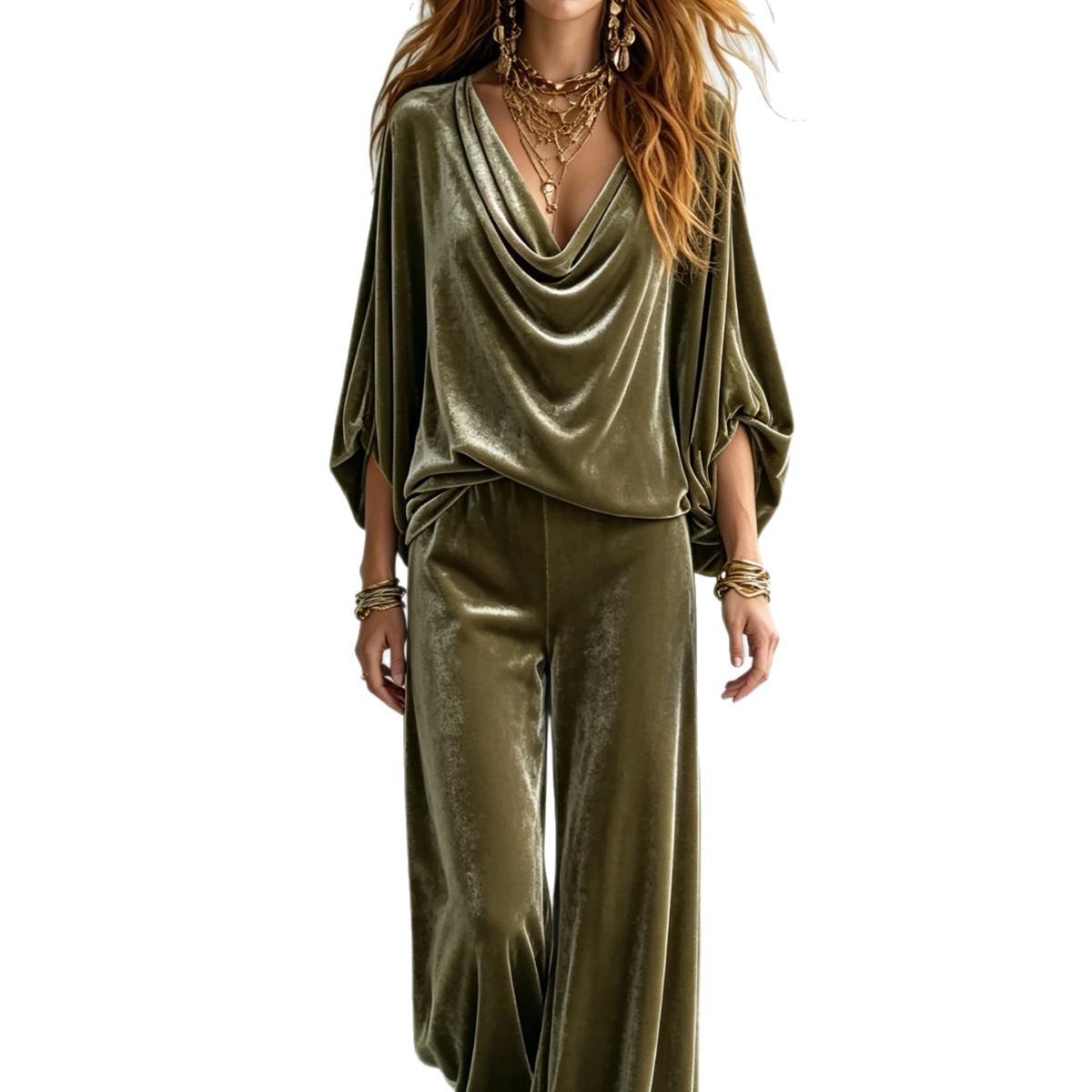 Bohemian Solid Color Cowl Neck Batwing Sleeve Top and Wide-Leg Pants Set