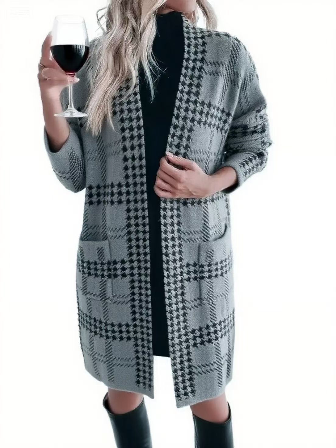Houndstooth Long Knit Cardigan