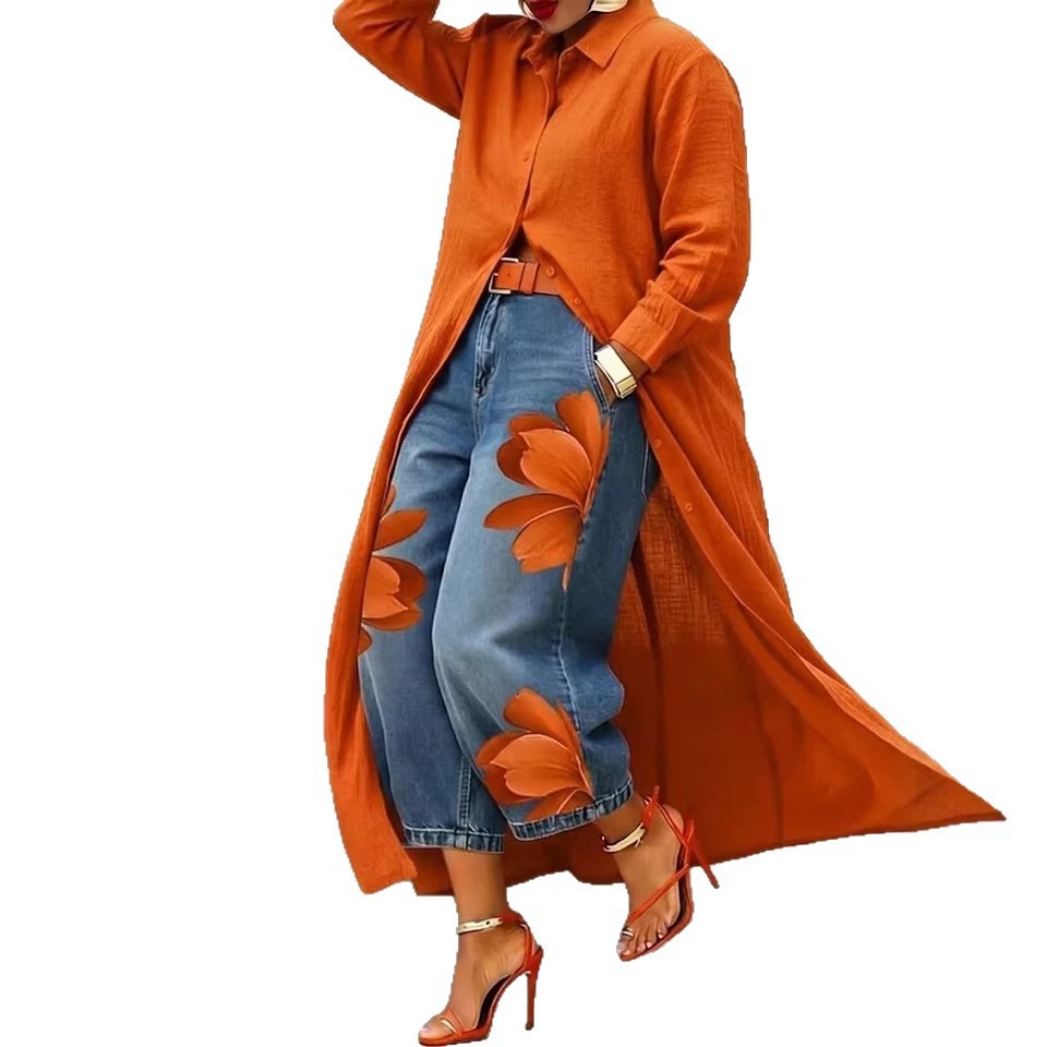 Solid Color Loose Long Shirt Dress with Polo Collar